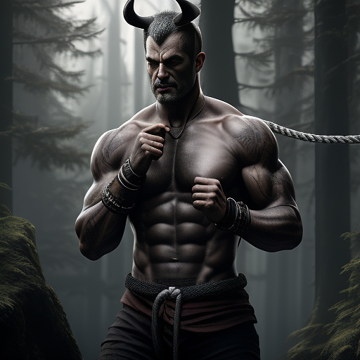 A buff gray-skinned vampire man with horns shirtless with rope around his fists, full-body in darkfantasy style
