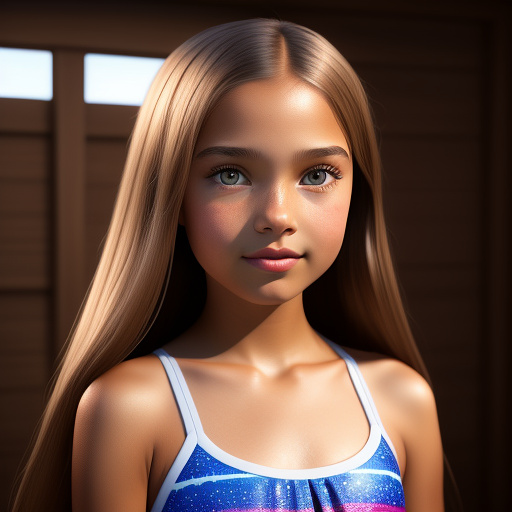 An eleven year old girl with light brown mid length straight hair, light brown eyes, wearing makeup and is wearing a two piece pink bathing suit  in disney 3d style