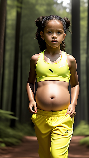 Pregnant, 7-years-old, jenna ortega, forest, front view, yellow sports bra, jogging,  in custom style