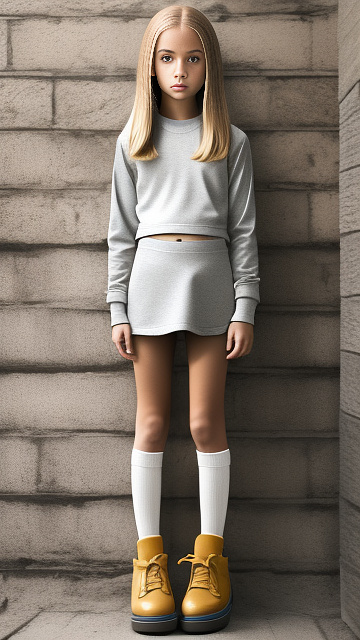 Realistic, detailed 12-year-old, blonde haired girl, full body length, wearing her rubber shoes, with long socks, wearing long sleeve shirt only, bottomless, pale skin, stomach rumbling in custom style