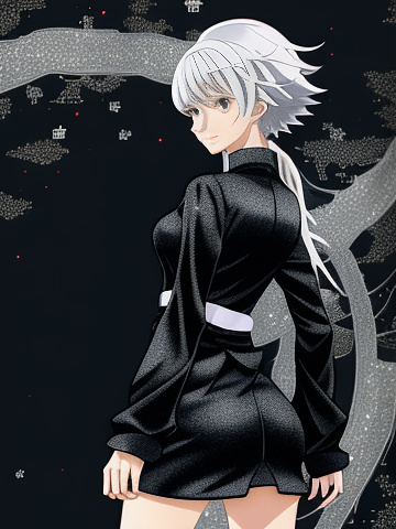 A woman with silver hair in black dress
 in anime style