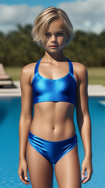 Realistic, detailed, 10 year-old , blue tight spandex satin swimwear short hair blonde - standing  in custom style
