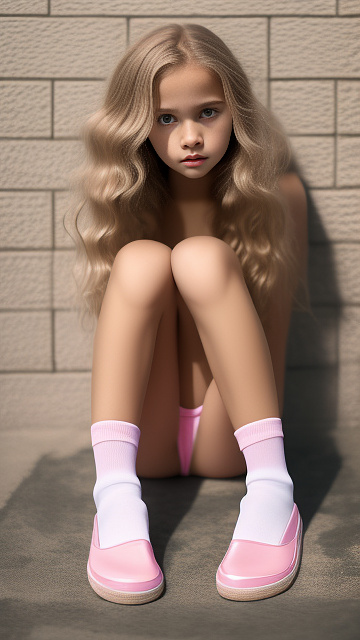 Realistic, detailed 12-year-old, blonde-haired girl, pink bikini, full body length, wearing her rubber shoes, wearing her socks, pale skin, standing, small cleavage, front view, putting her hands on her knees. in custom style