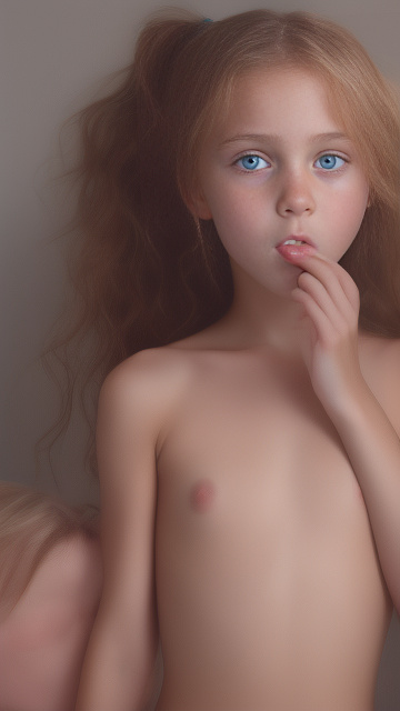 A 9-year-old naked girl is sucking another girl's breast. in custom style