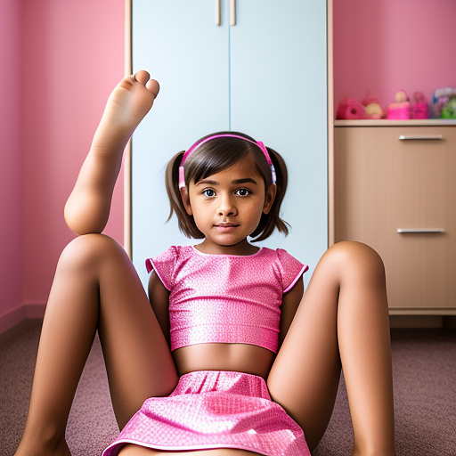 Ultra realistically a 10 year old girl in pink dress sits with spreading legs in the children's room detailed in custom style