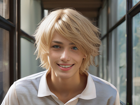 Photorealistic blond teen male with light gray eyes smiling in anime style