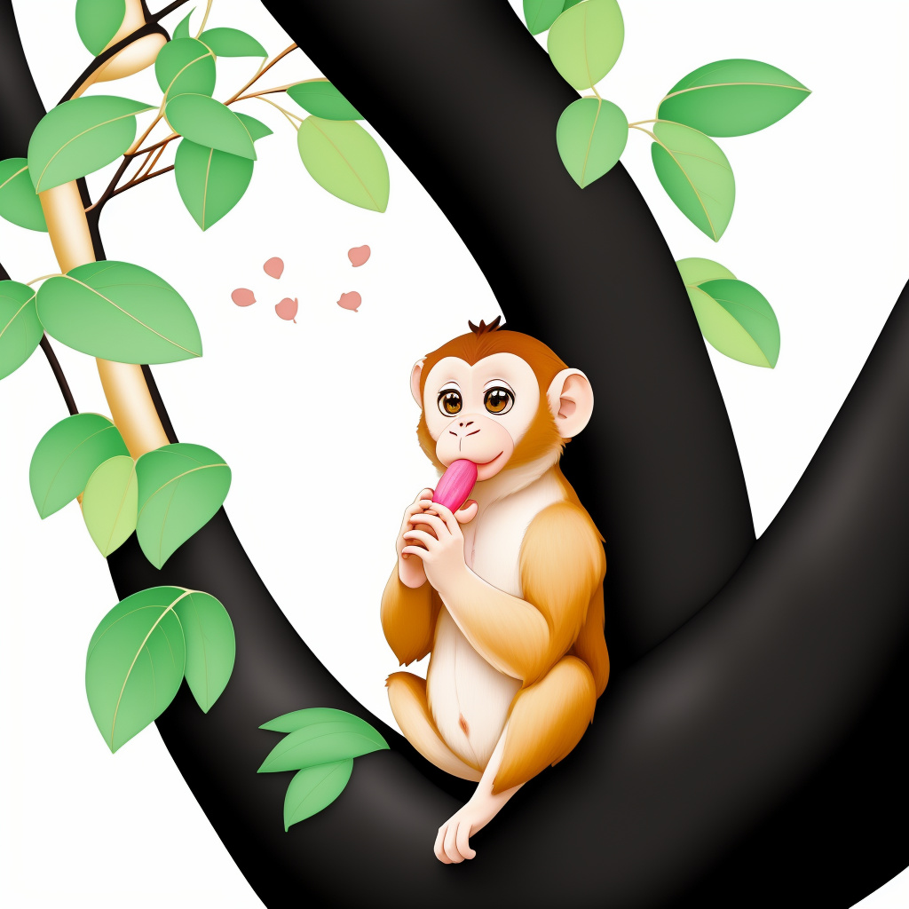 Cute kawaii monkey eating a banana in a tree, vector black