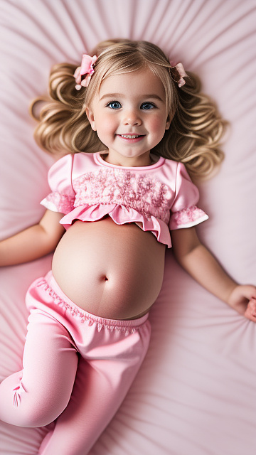 Realistic, detailed, 4-year-old blonde girl, pregnant, pink wedding outfit, showing belly, laying in bed, top down full body view, red blush in custom style