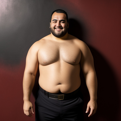 Generate this image: handsome spanish guy named rodrigo, athletic skinny, short black hair, buzz haircut, shirtless, six pack abs, hands above his head, tied to the wall, black pants and belt, restrained, there is a fat man wearing a suit by the side, he is the evil villain who has an evil face and is looking at rodrigo's abs, the fat man has an evil smile, the fat man is in front of rodrigo, the fat man is also very ugly, rodrigo has a worried face in anime style
