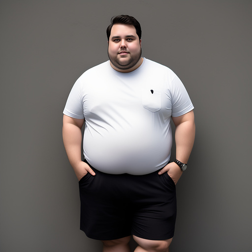 Full body morbidly obese dark haired white man without beard in shorts and big bloated belly in custom style