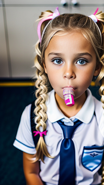 White, blonde, girl 9 years old, school outfit, pretending to give a blow job, in custom style