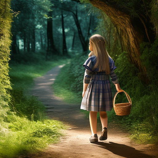 A 9-year-old girl is walking along a forest path. it's evening. she has a basket in her hand. view from behind. in custom style