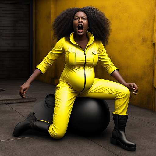 Realistic, detailed, pregnant, black skinned, yellow jumpsuit, yellow boots, screaming in pain, birthing  in custom style