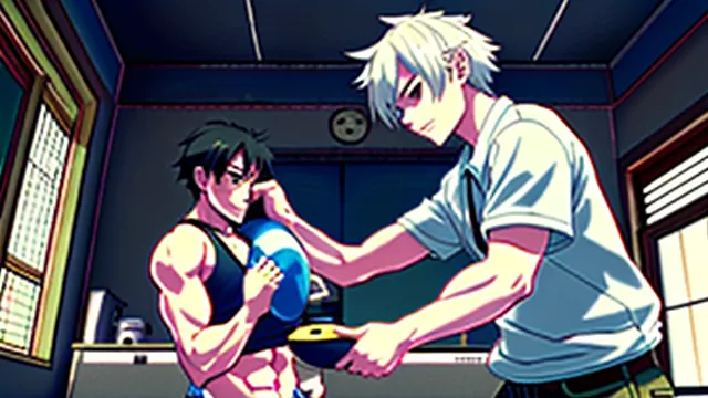 A male bully potters his male bully's wedgie in anime style