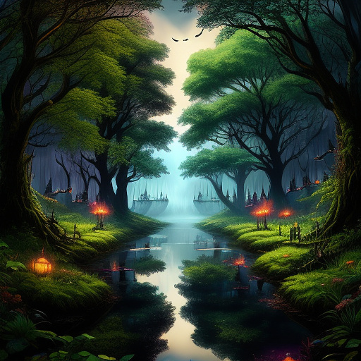 A beautiful lush colorful forest in the middle are fairies meeting each has a pair of fairy wings a different color from the others, moonlight with fireflies in the style of a painting in gothic style