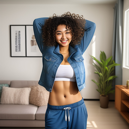 Sexy asian college student with her arms up and large boobs and short curly hair and in a long sleeve loose denim jacket and sweatpants pants and showing her belly and standing in the living room and full body picture in custom style
