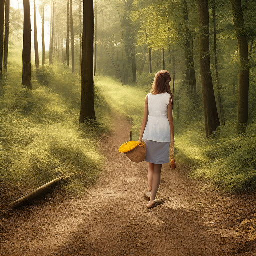 A tired 9-year-old girl is walking along a forest path. it's evening. she has a basket in her hand. view from behind. in custom style