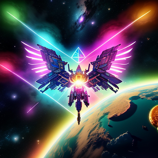 A cheerful transformer flies through space against the backdrop of planets. in angelcore style