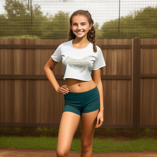 Extremely attractive 13 year old very youthful, happy, country girl with brown hair and big breasts wearing a really loose, brown, crop top t-shirt with tight, athletic shorts and tennis shoes standing in front of a wood fence with chipped, white paint. in custom style