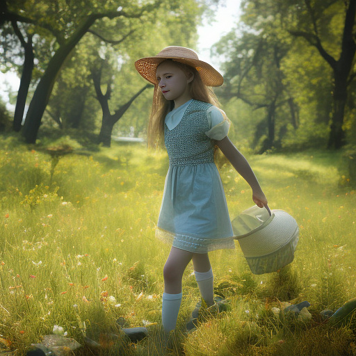 A girl is skipping across a sunny lawn. she has a basket in her hands and a hat on her head. in custom style