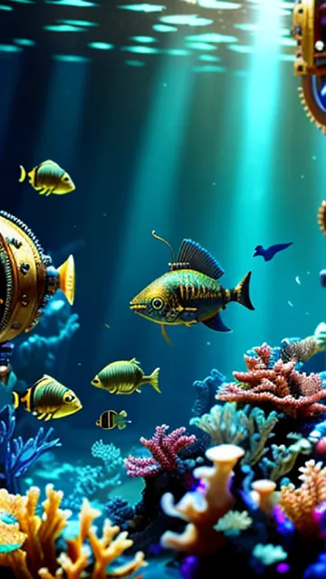Magestic underwater scenery, sunken ship in the background, treasure with gold and intricate jewelry, luminous detailed fishes, colorful luminescent corals on reef, extremely hyperdetailed, intricate details, 8k sharp focus, surrounded high qualitiy view, depth of field, breathtaking, amazing precision in steampunk style