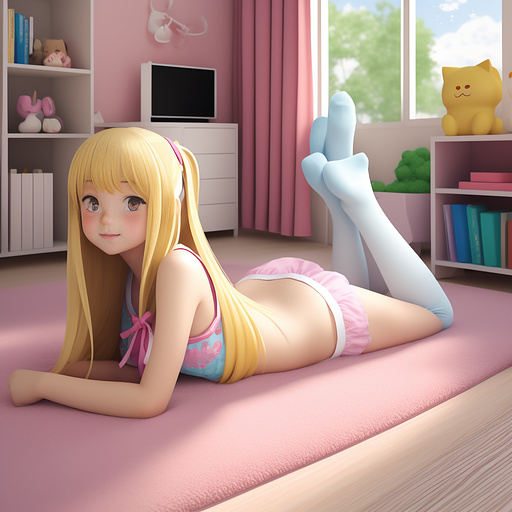 Girl cute blond bed with socks in anime style
