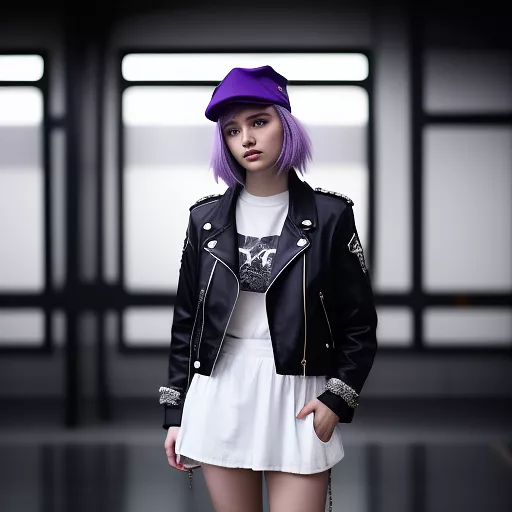 1girl, solo,  hand in pocket, over shoulder , punk jacket, purple hair, white background, military_cap, full body, [white background] in angelcore style