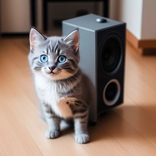 An adorably fluffy gray kitten with a speaker in his collar in disney painted style