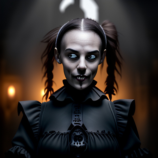 A young 16 year old girl with brown eyes and light brown hair tied into a thick ponytail. wearing a black shirt and a happy smile. 
 in gothic style