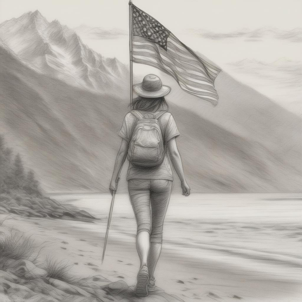 Patriotic female waiving american flag. walking on the beach. mountains with hiking trails in the background in pancil style