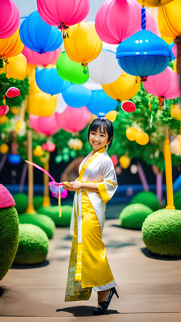 A young japanese woman wears a thai dress, a yellow robe, and a white sash. she is playing with a kite, the sash fluttering in the wind,ue5, no wear anything,no dressing,naked,big bust,big cleavage,big chest,bare,slender body,white skin,very realistic,full body and smile,the background is bright and bright in kids painted style
