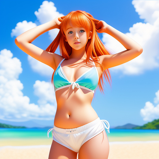 Little young girl in camera, whit shorts pants and swim bra, curbing her body. whit tight legs
orange hair and her hands up for tie the hair.
in a beach

 in anime style