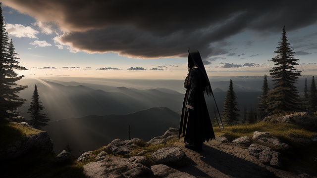 Una persona parada al amanecer en la cima de una montaña, con los brazos en alto, simbolizando un nuevo comienzo y nuevos hábitos. in gothic style