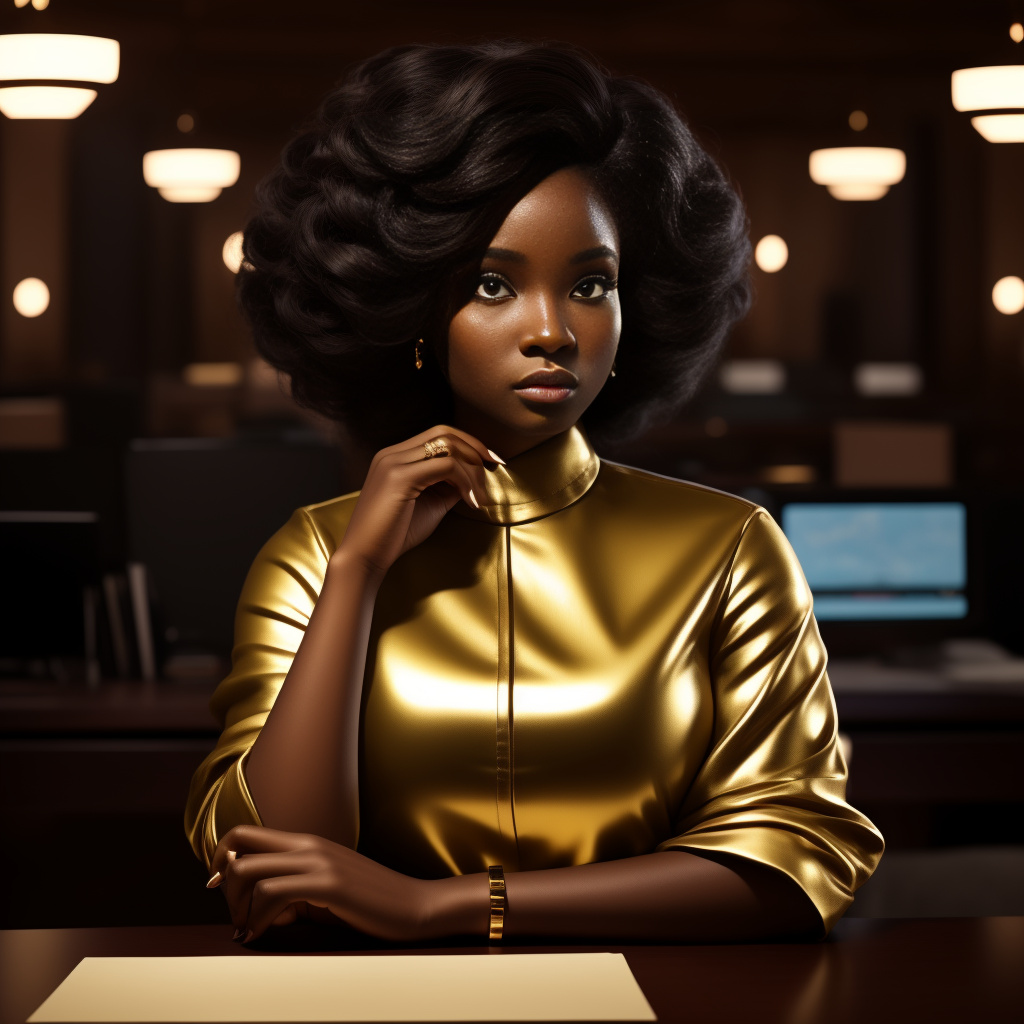 African american chibi woman narrator, elegant and adult-like features, bold eyes, glamorous outfit with golden accents, sitting at a glowing desk with ancient scrolls and a bible open, cinematic lighting.
 in disney painted style