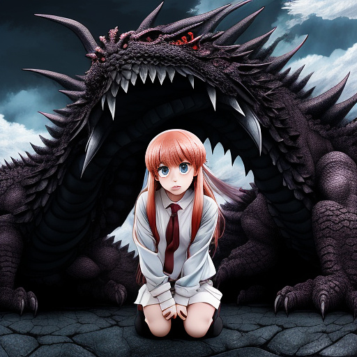 A frightened girl in the clutches of a scary dragon in anime style
