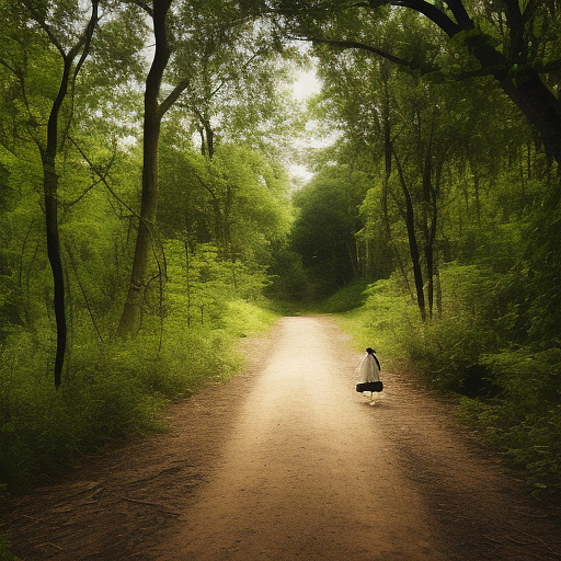 A tired 9-year-old girl is walking along a forest path. it's evening. she has a basket in her hand. she's wearing a panama hat. view from behind. in custom style