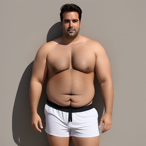Full body obese dark haired white man without beard in swimshorts in custom style