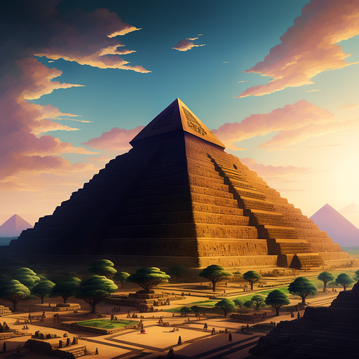 Egyptian pyramids with pharaoh's and statues of gods in anime style