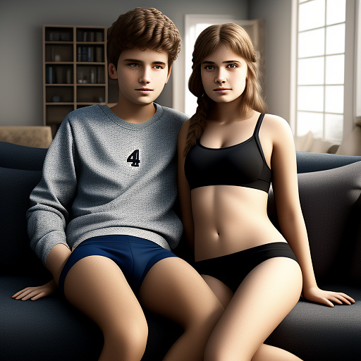 Ultra realistic a cute 14 year old german girl and her 20 year old brother are sitting on the sofa in the living room in their underwear in custom style