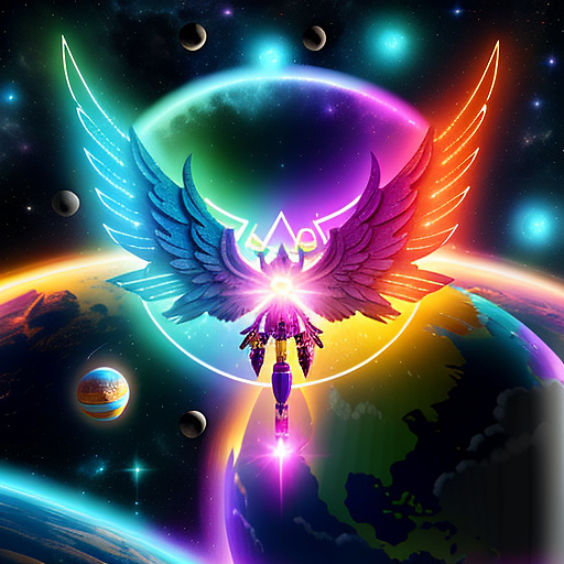 A cheerful transformer flies through space against the backdrop of planets. in angelcore style