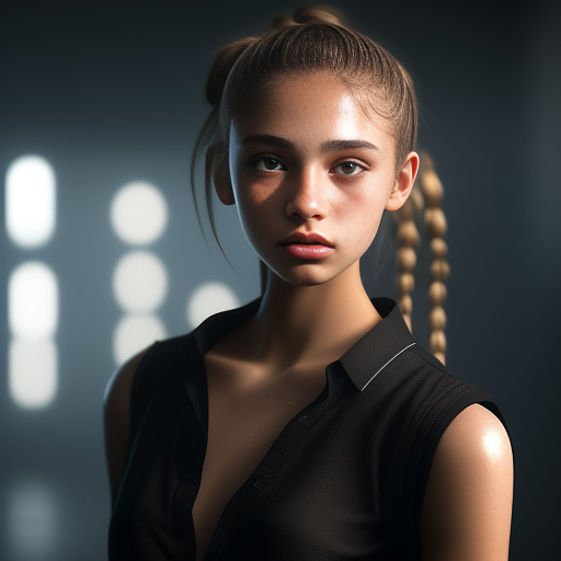 A beautiful 16 year old girl with brown eyes, pale white skin and light brown hair tied into a ponytail. wearing a normal black shirt. with a scar on her right cheek.
 in angelcore style