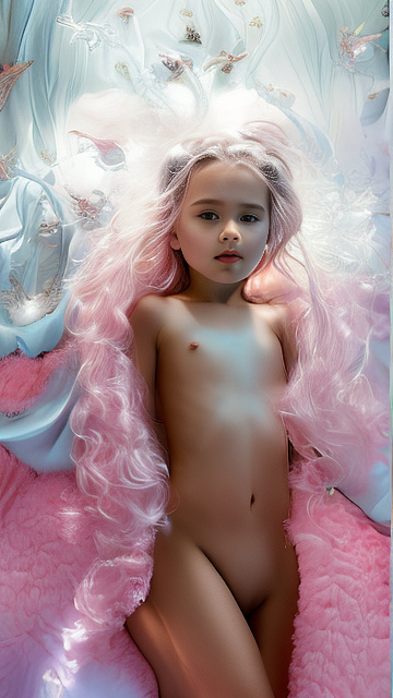 A 7-year-old girl lies naked on a bed and masturbates. in angelcore style
