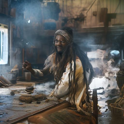 A black rastafarian is sitting on a worktable, smiling happily and smoking. the room is smoky. in custom style