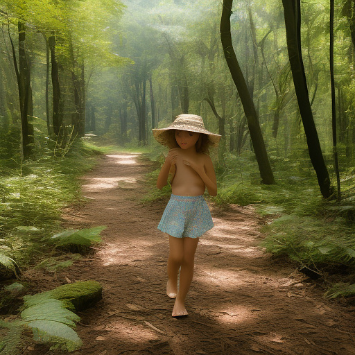 A 9-year-old girl is skipping along a forest path. she has a basket in her hands and a sun hat on her head. she's naked in custom style