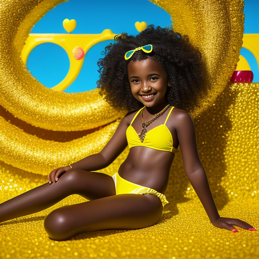 12 year old black girl wearing a gold yellow shiny bikini, curly black hair, full body in kids painted style
