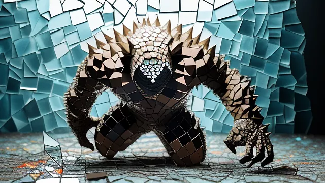 A golem spiky creature like with a face made of flour bag and a creepy smile  in mosaic style