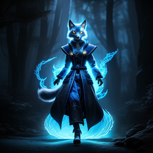 A kitsune woman with grey fur and blue glowing tails surrounded by blue glowing ghost flames in sci-fi style