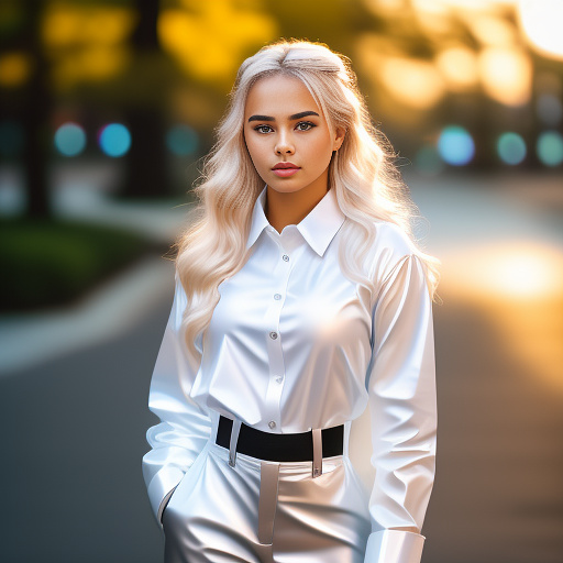 Young lady wearing white latex button up shirt and baggy latex trousers. in realistic style
