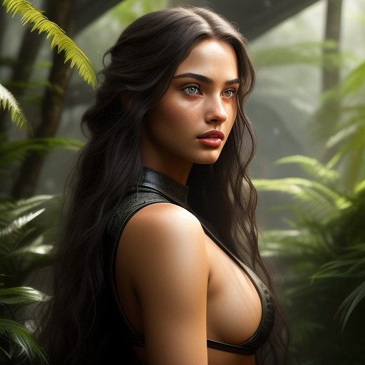 A young woman with long dark hair, beautiful detailed eyes, beautiful detailed lips, extremely detailed face and skin, longeyelashes, wearing a sexy combat outfit, holding a very detailed blaster pistol, raiding an imperial convoy in a lush jungle, action pose, cinematic lighting, dramatic colors, (best quality,4k,8k,highres,masterpiece:1.2),ultra-detailed,(realistic,photorealistic,photo-realistic:1.37),science fiction,concept art in custom style