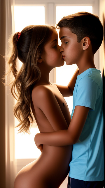 A romantic moment between a childhood couple. the grade-5 sexy hot girl, wearing her hot clothes, shares a gentle kiss with the grade-5 boy. in custom style